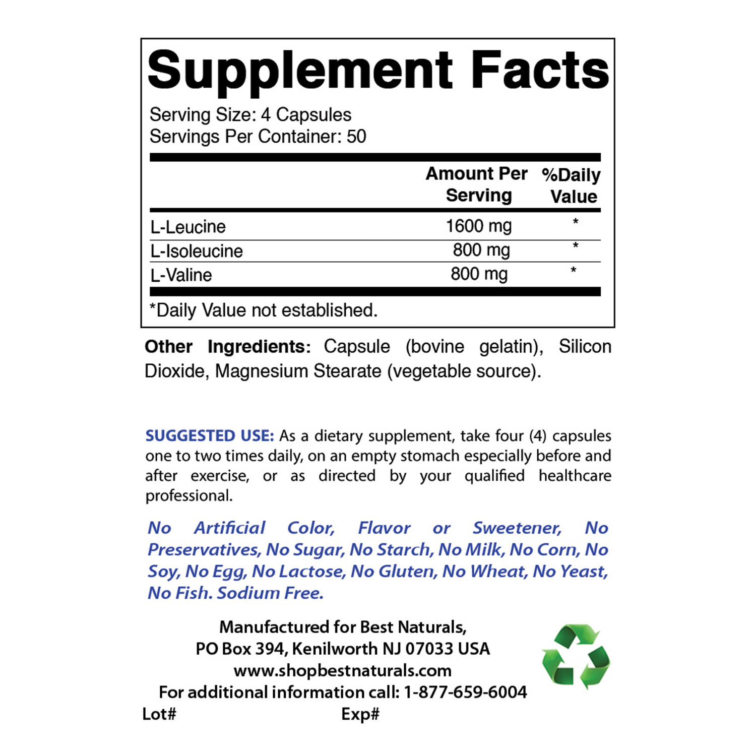 Best Naturals BCAA Branch Chain Amino Acid, 3200mg per Serving, 200 Capsules