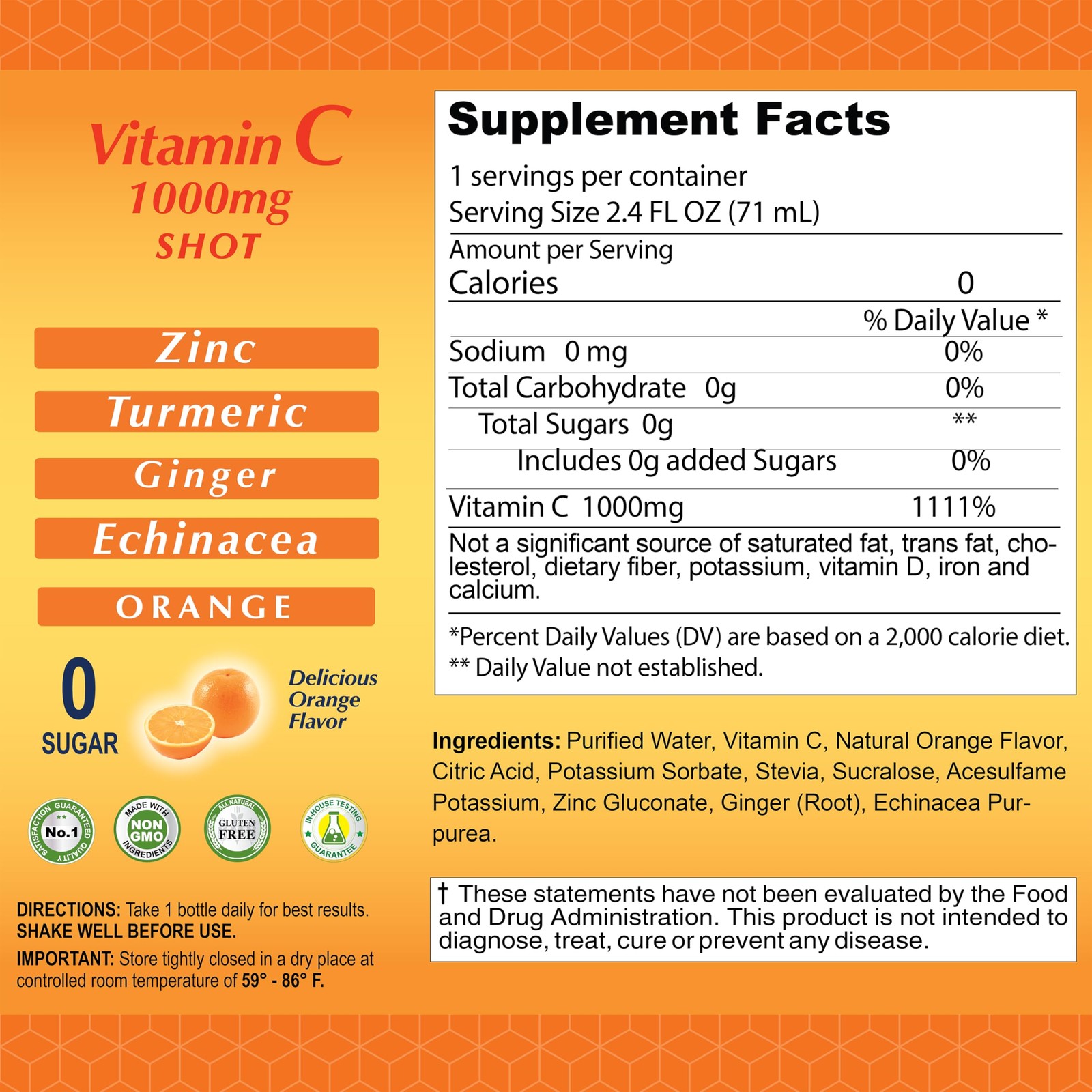 Vitamin C Shot 1000mg with Zinc, Ginger & Echinacea – 2.4 FL Oz Bottle – 20 Pack