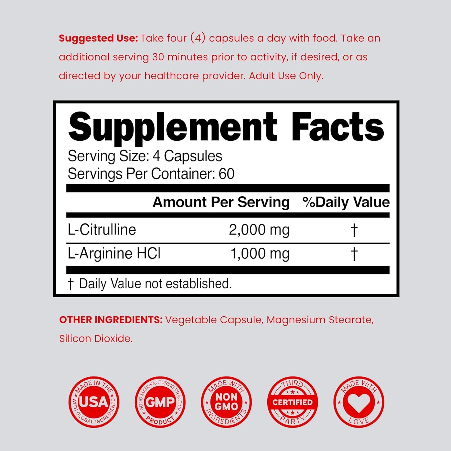L-Citrulline 3000mg GMP Certified & Non-GMO Free Form Amino 240 Capsules