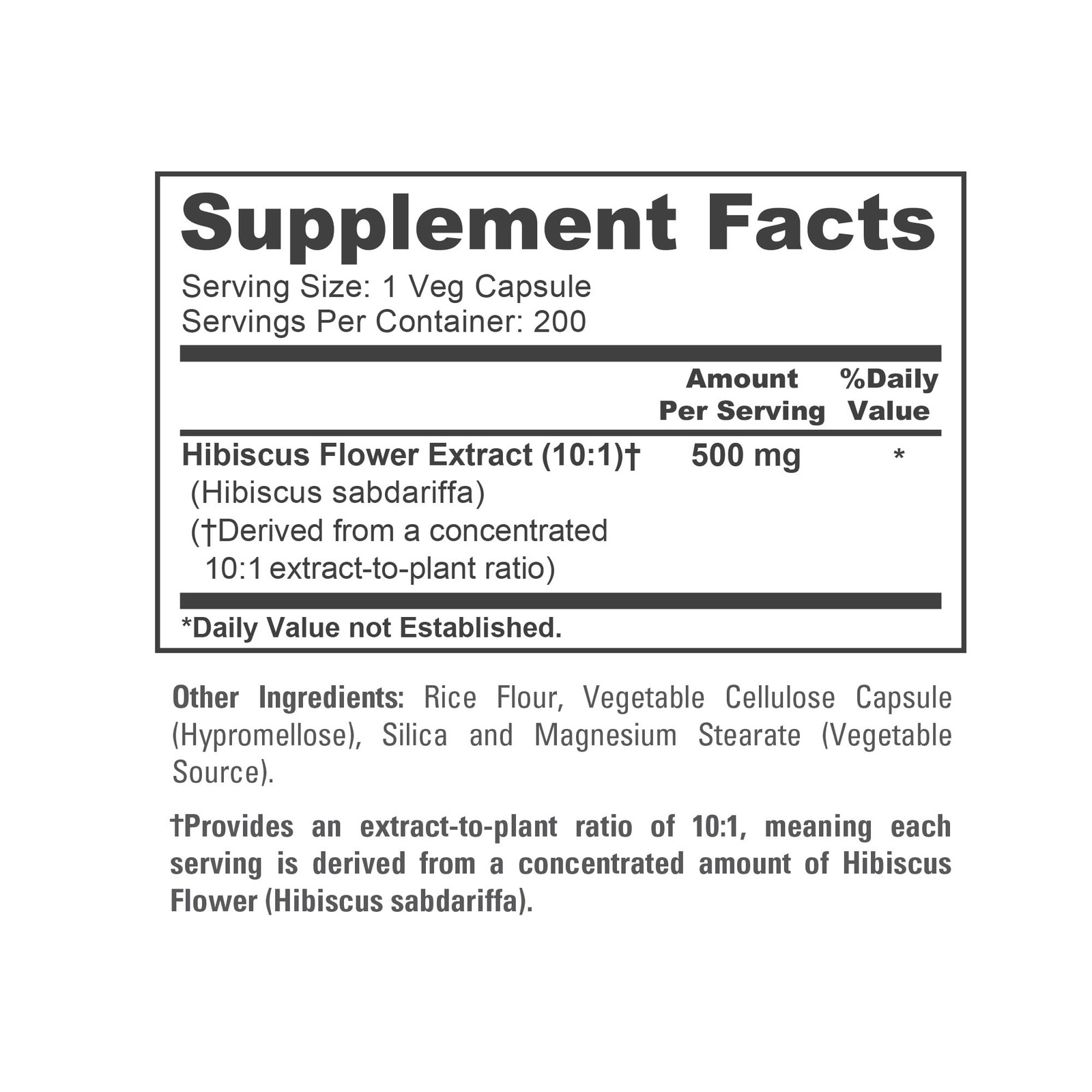 Hibiscus Flower Capsules, 500 mg, 200 Veg 200 Count (Pack of 1)