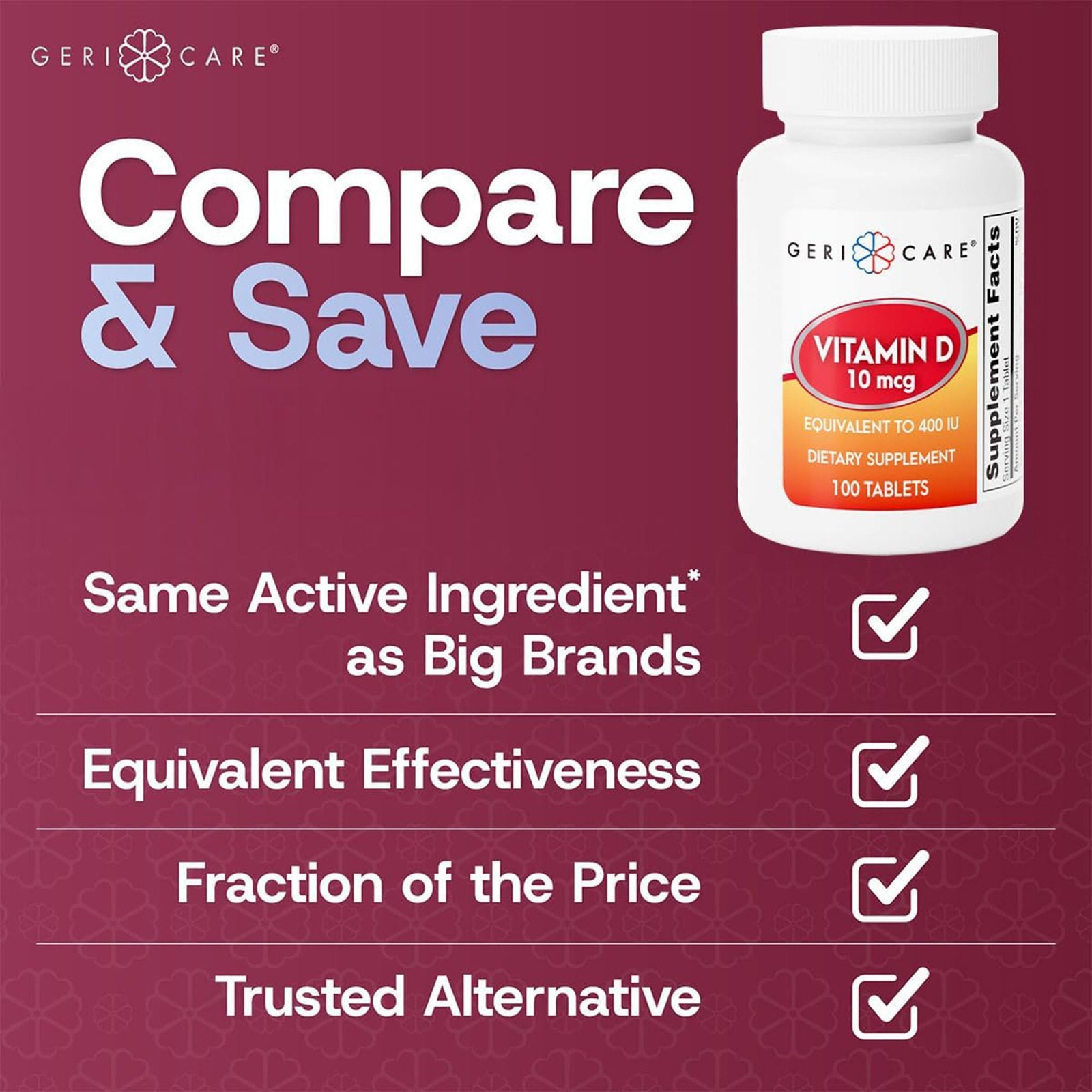 Geri-Care Vitamin D Tablet 400 IU 874-01-GCP 1 Bottle 100 per Bottle