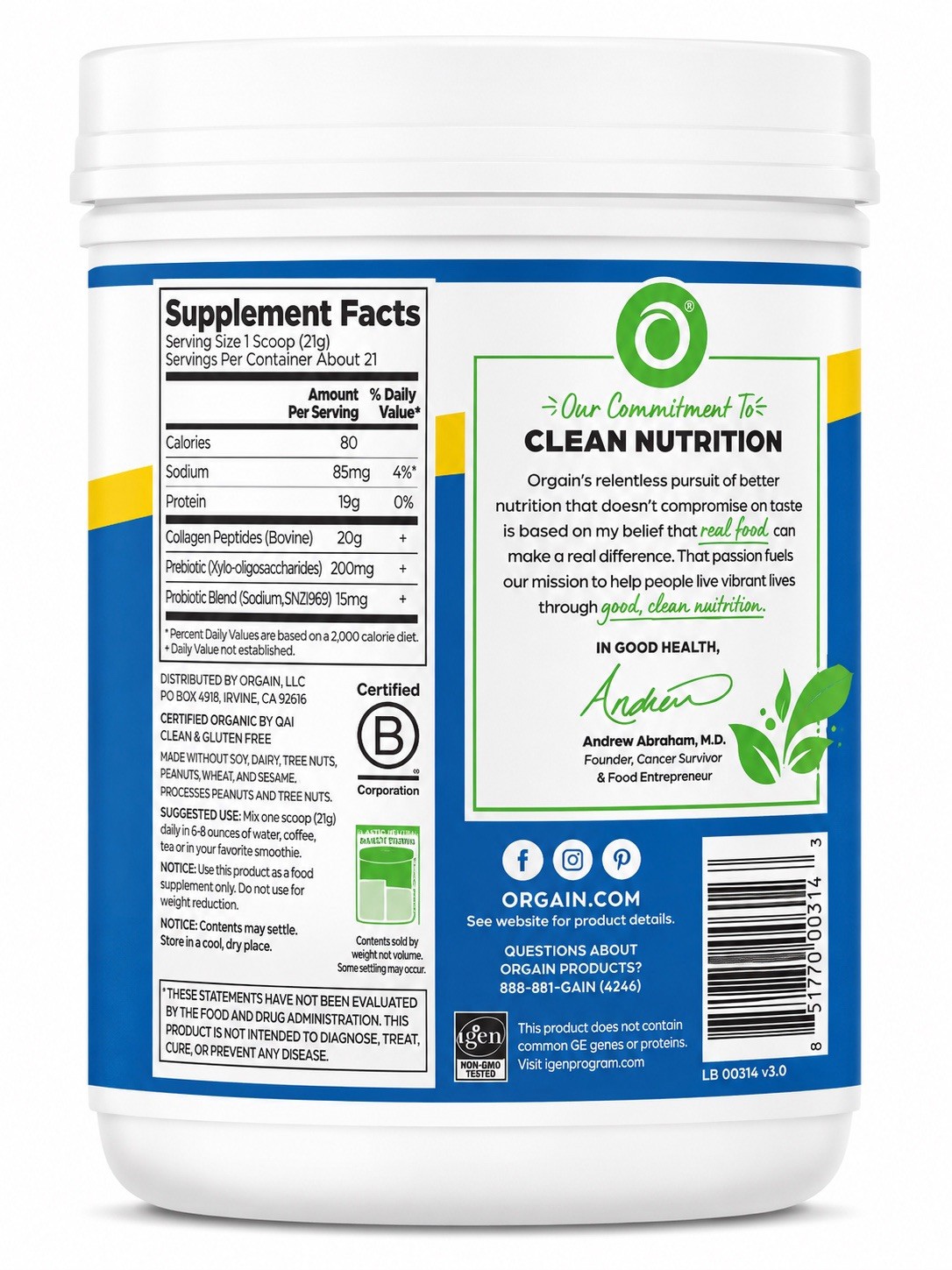 Orgain Collagen Peptides Powder + Pre & Probiotics Unflavored 16 Oz 1 lb