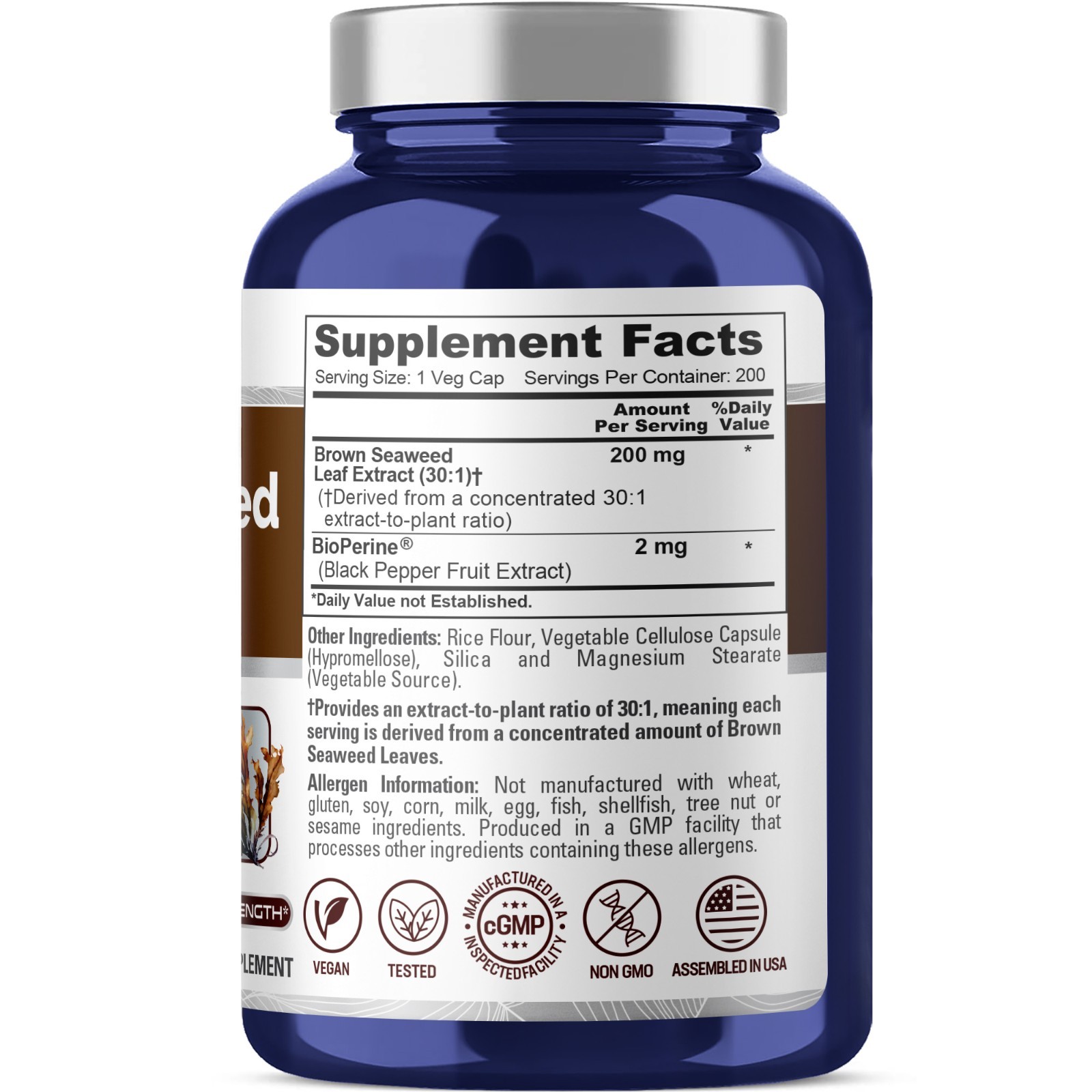 NusaPure Brown Seaweed Extract 6,000 mg with Bioperine – 200 Veggie Capsules