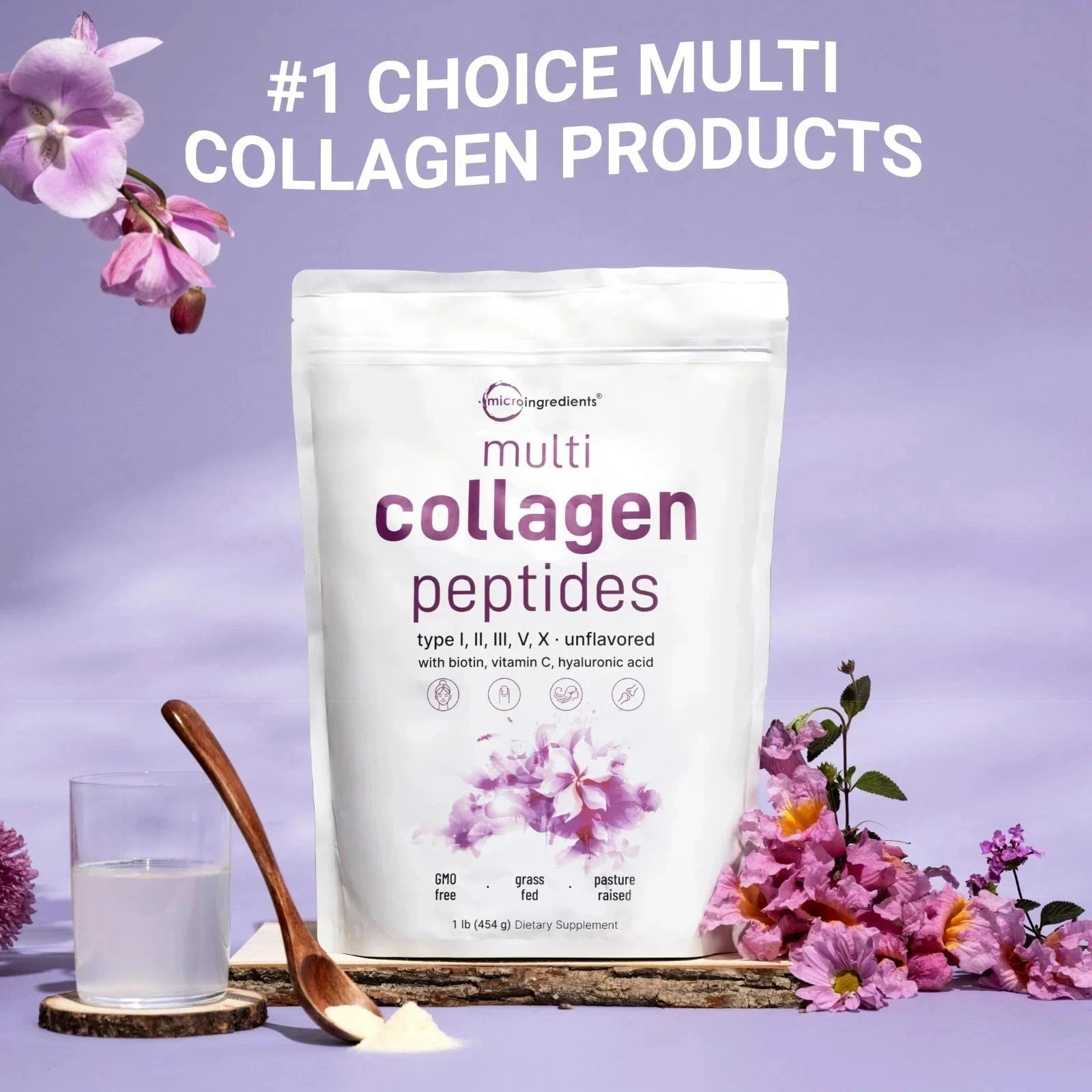Multi Collagen Peptides Powder–Hydrolyzed Protein with Type I, II, III, V, X 1LB