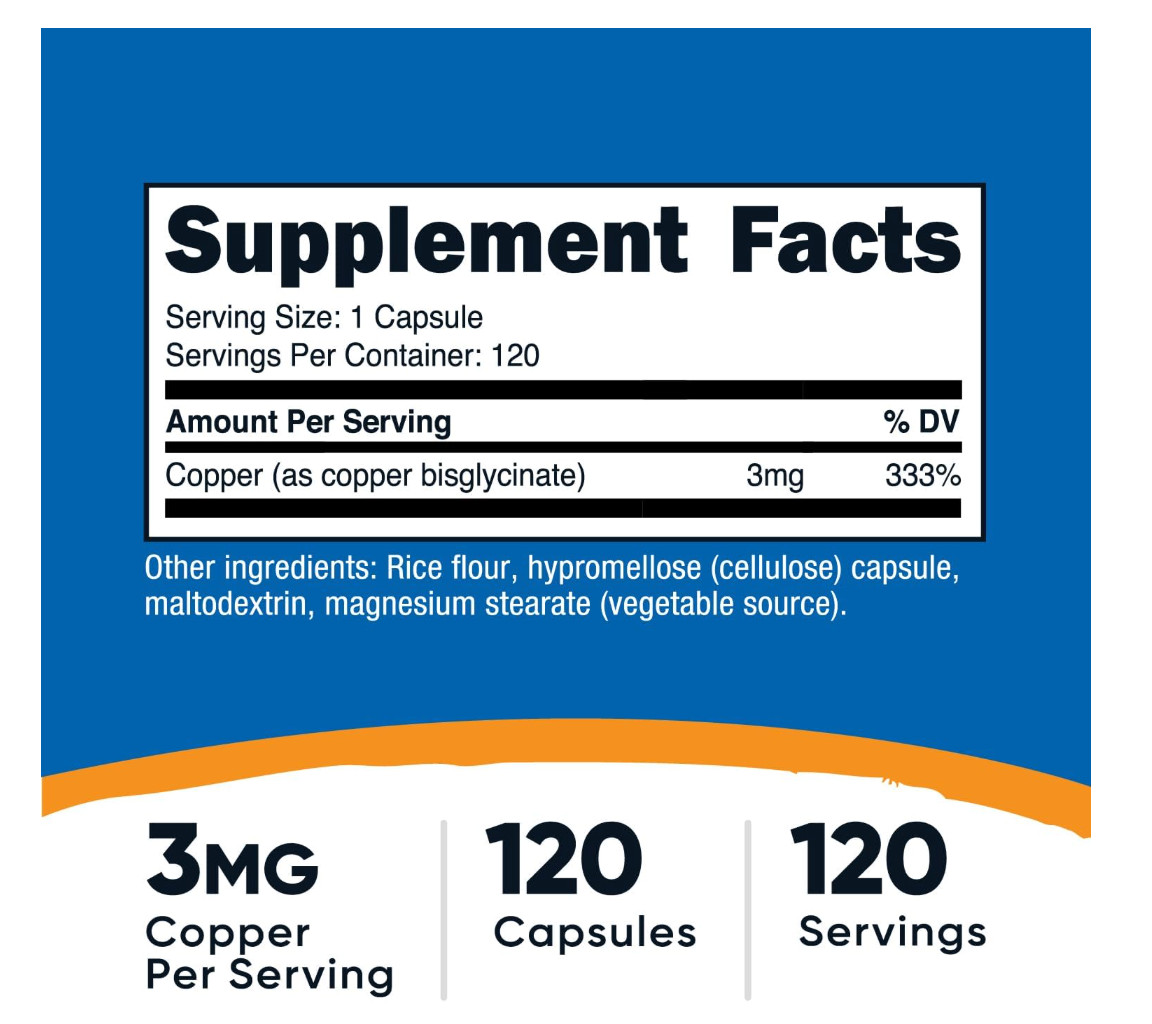 Nutricost Copper Glycinate 3mg 120 Vegan Capsules EXP 12/28