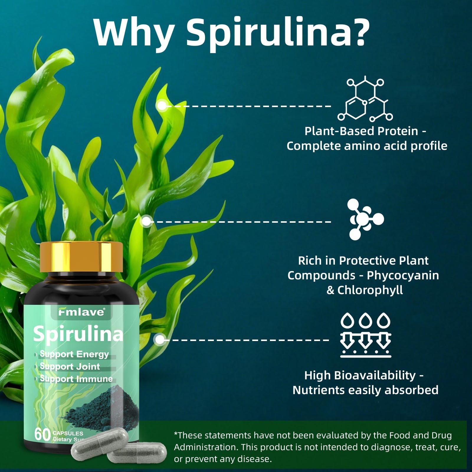 Chlorella Spirulina Organic | 60/120/240 caps | Vegetarian, Non-GMO | by Fmlave
