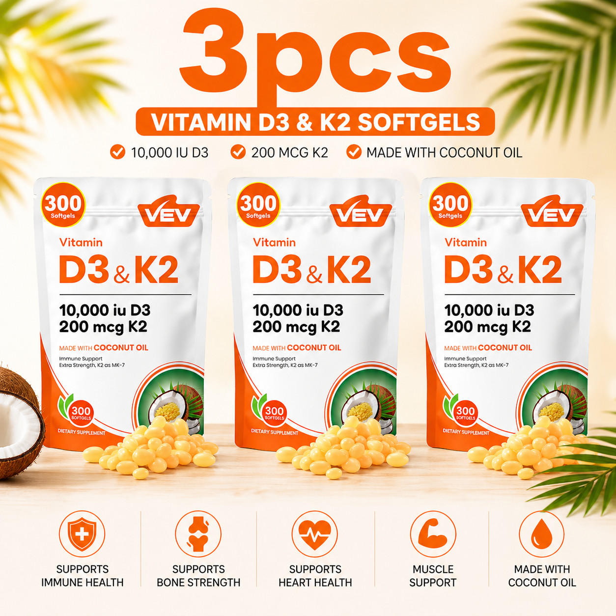 VEV Vitamin D3 + K2 Complex with Virgin Coconut Oil | Daily Immune & Bone Health
