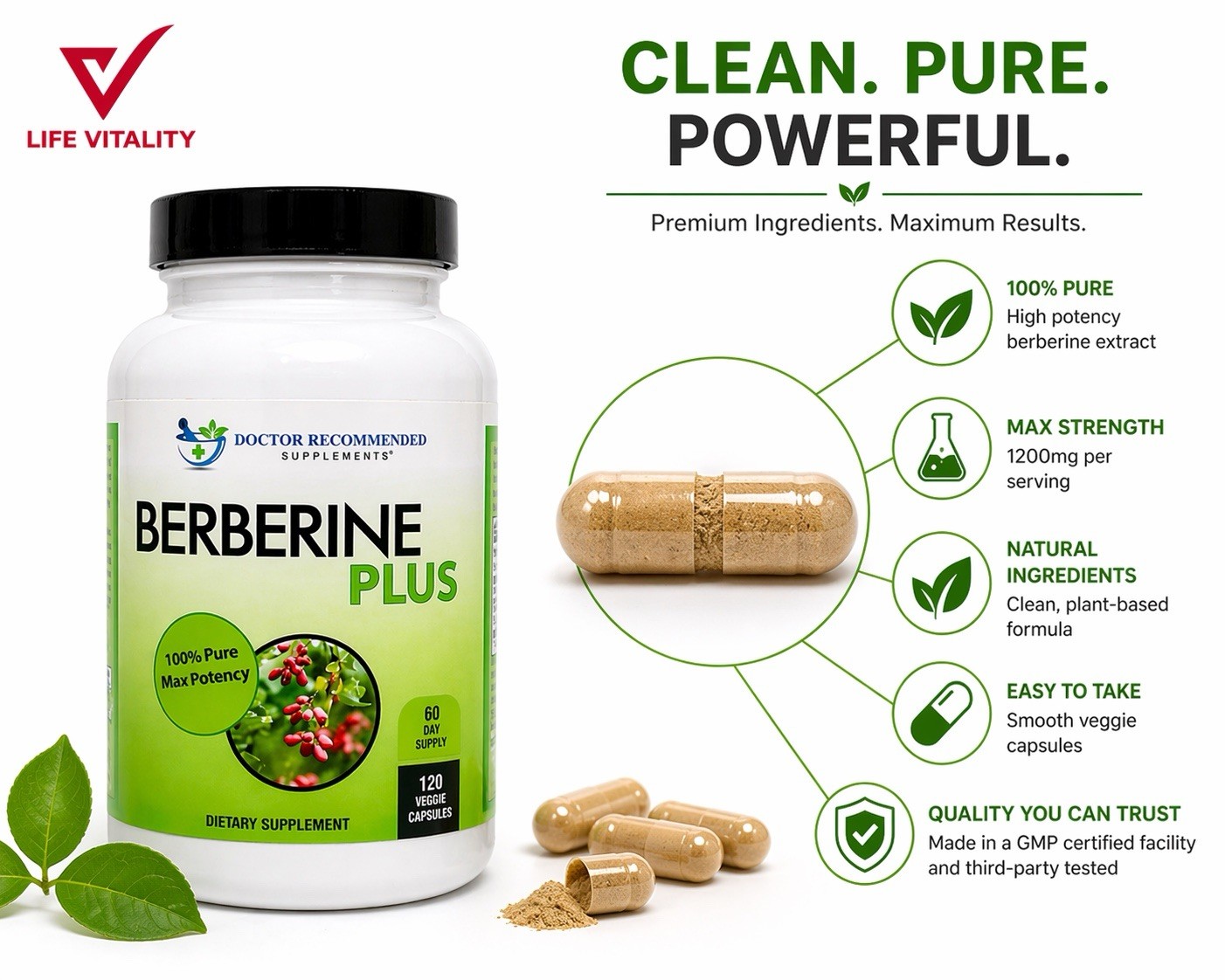 Berberine Plus 1200mg Per Serving -120 Veggie Capsules Royal Jelly Supports