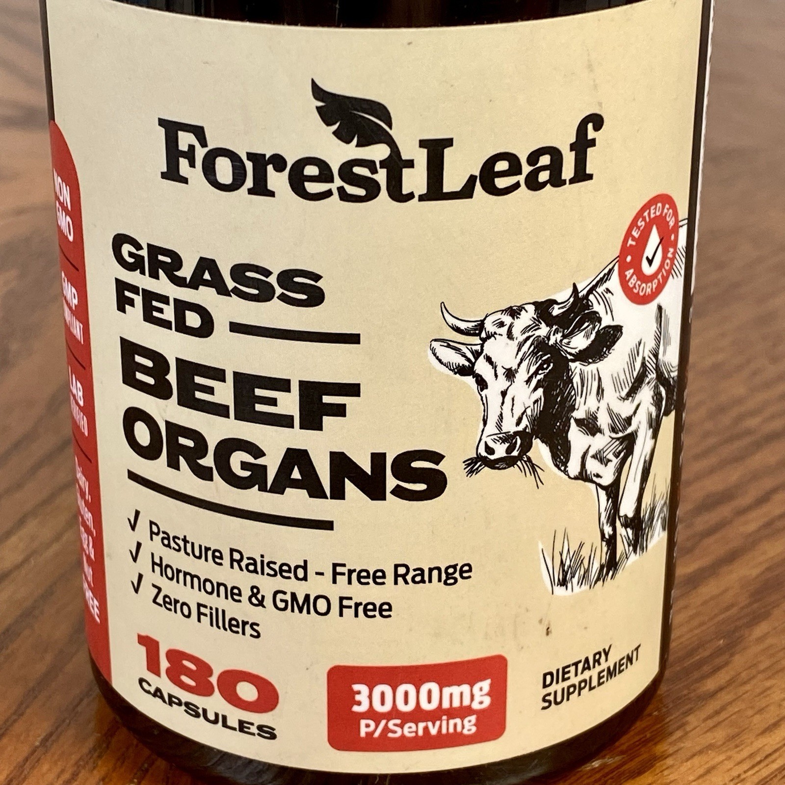 ForestLeaf ~ Grass Fed Beef Organs Supplement 3000 mg ~ 180 Caps ~ Exp 06/2028