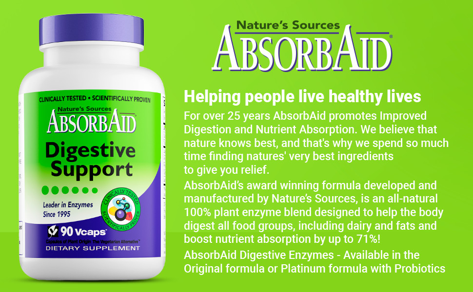 Absorbaid Natural Digestive Enzyme-relief for gas, bloating, acid reflux-90 caps