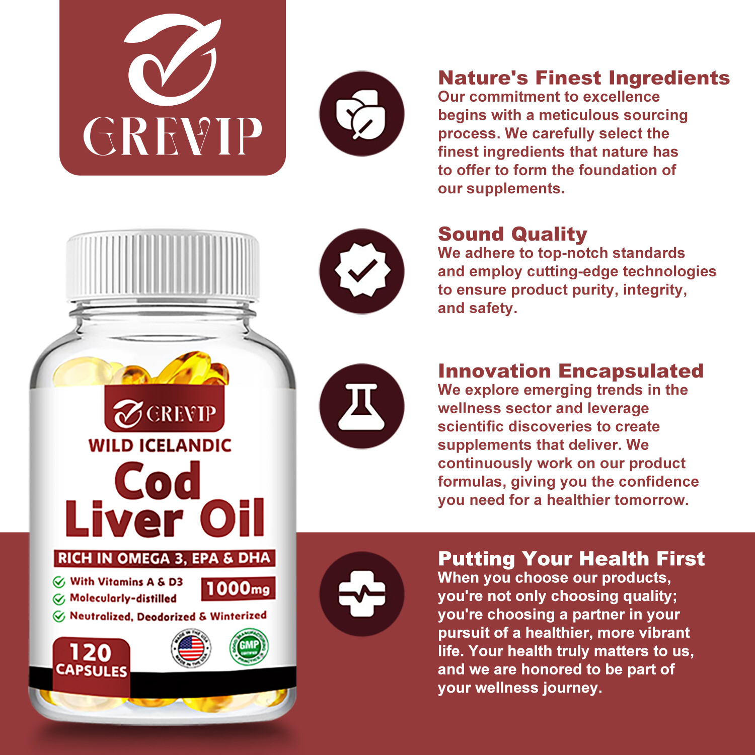Wild Icelandic Cod Liver Oil Capsules 1000mg – Omega-3 EPA, DHA , Vitamin A & D3