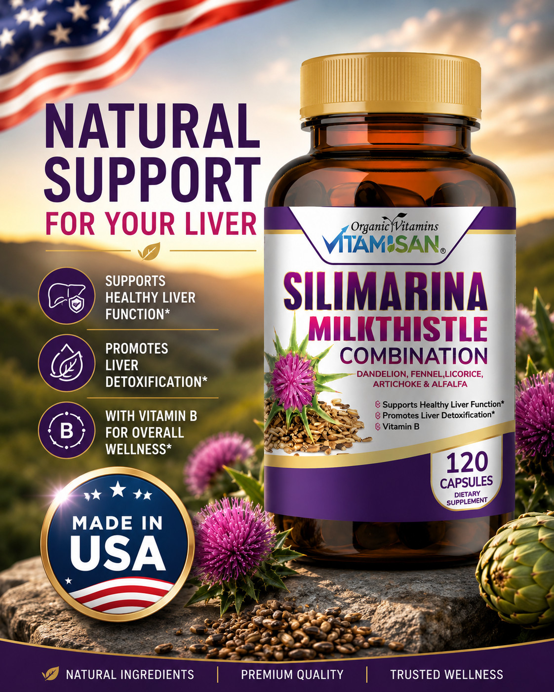 Organic Vitamins Milk Thistle Strenght 120 Caps Silymarin complex with B