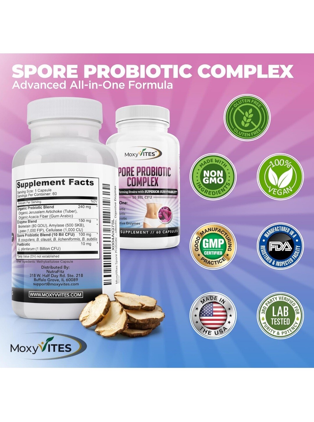 MoxyVites Spore Probiotic Complex All In One Prebiotics and Probiotics, 60 Caps