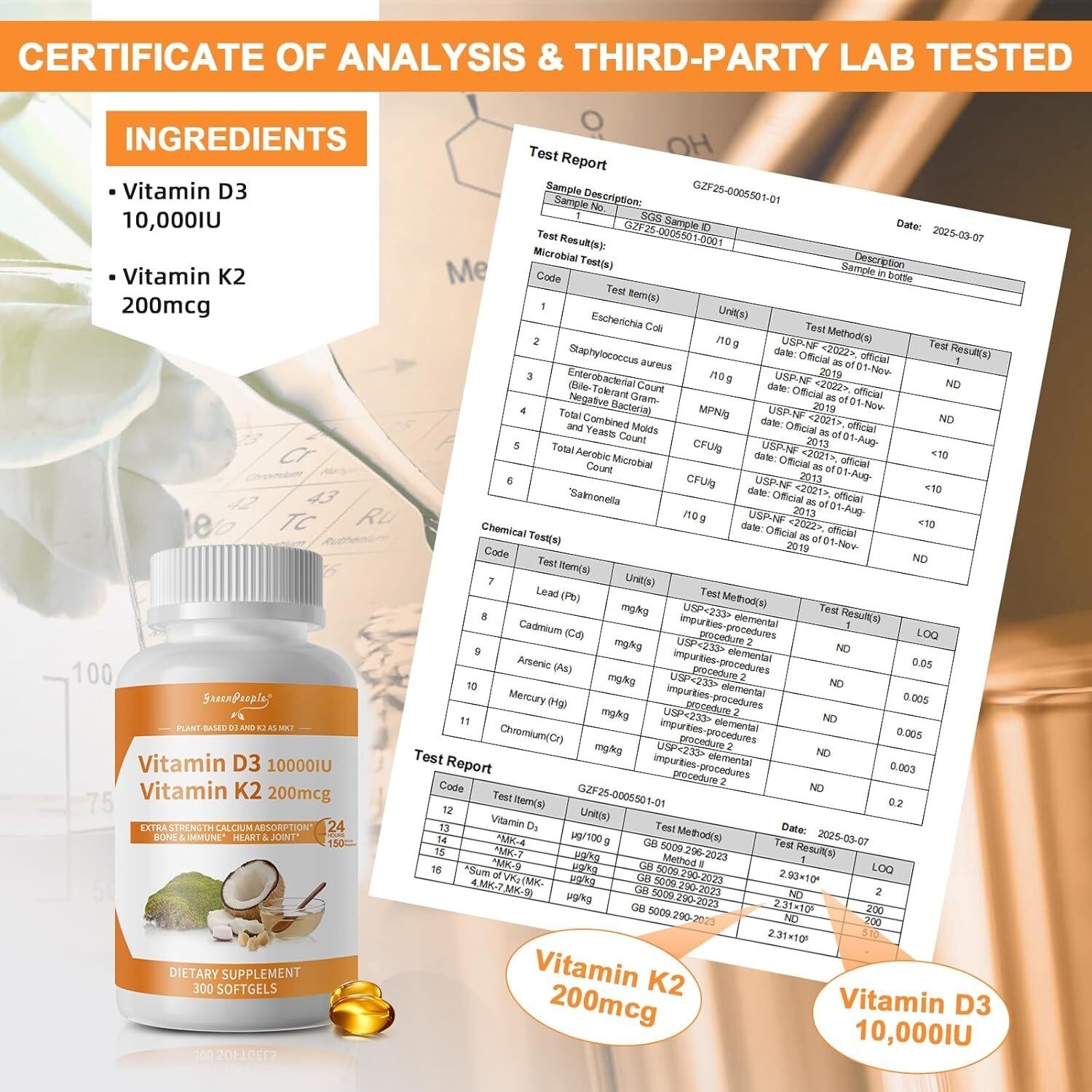Vitamin D3 5000/10,000 IU + K2 MK-7 200 mcg, 120/300/600 Softgels