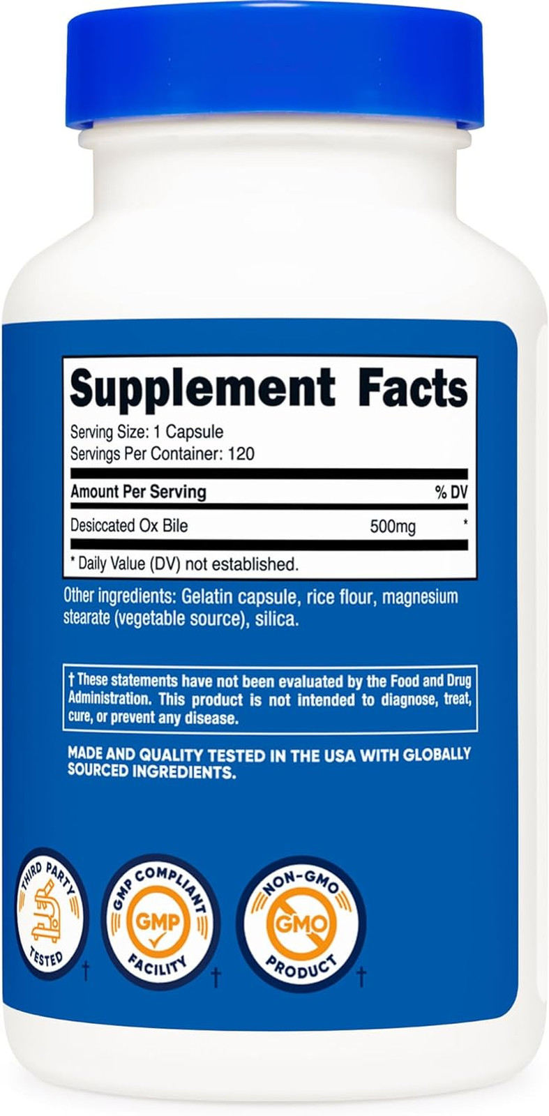 Ox Bile Capsules 500mg Per Serving – 120 Capsules – Gluten Free & Non-GMO