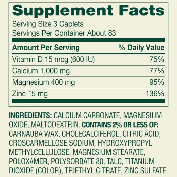 Spring Valley Calcium, Magnesium & Zinc Plus Vitamin D3 Coated Caplets, 250 Ct