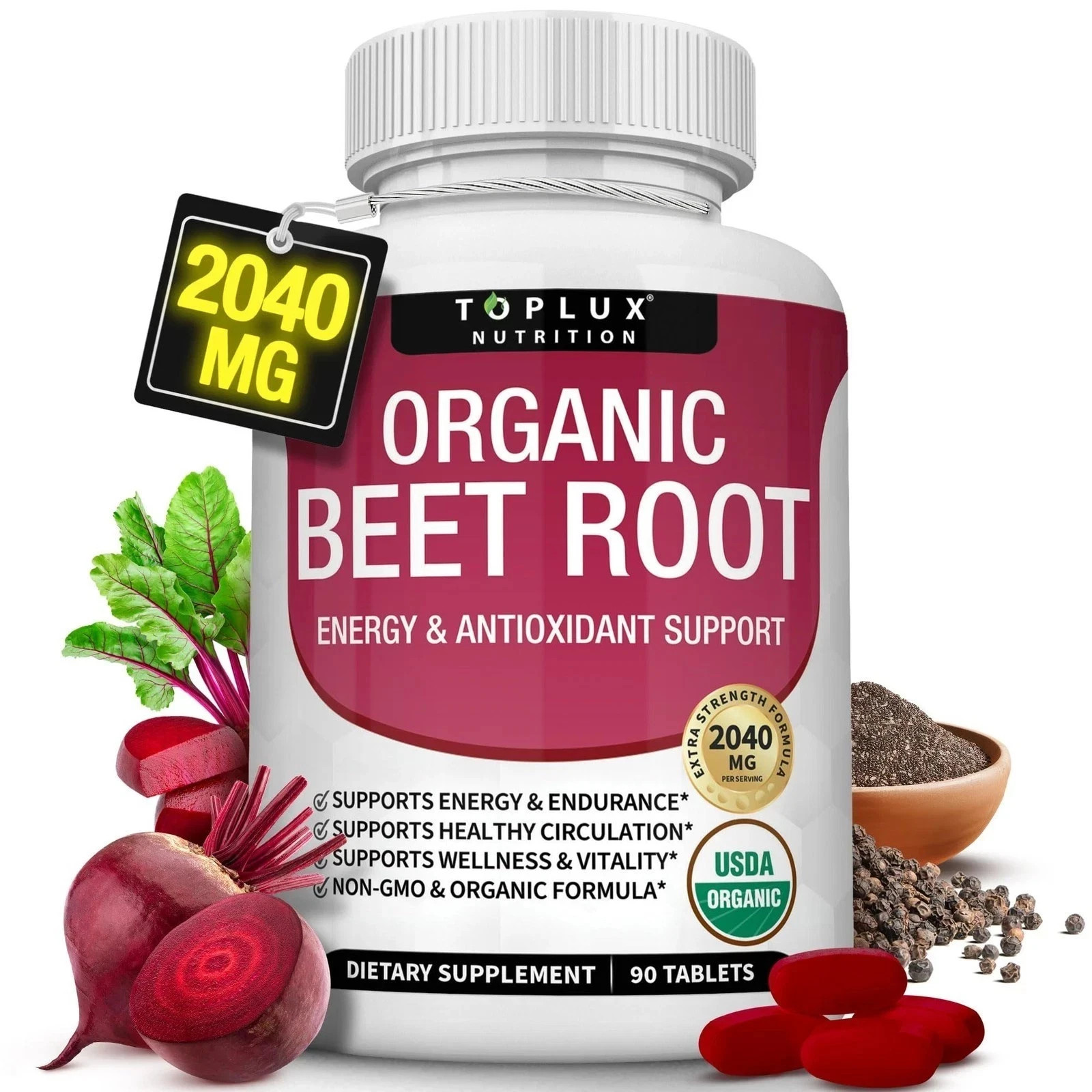Organic Beet Root 2040mg + Black Pepper for Circulation & Energy