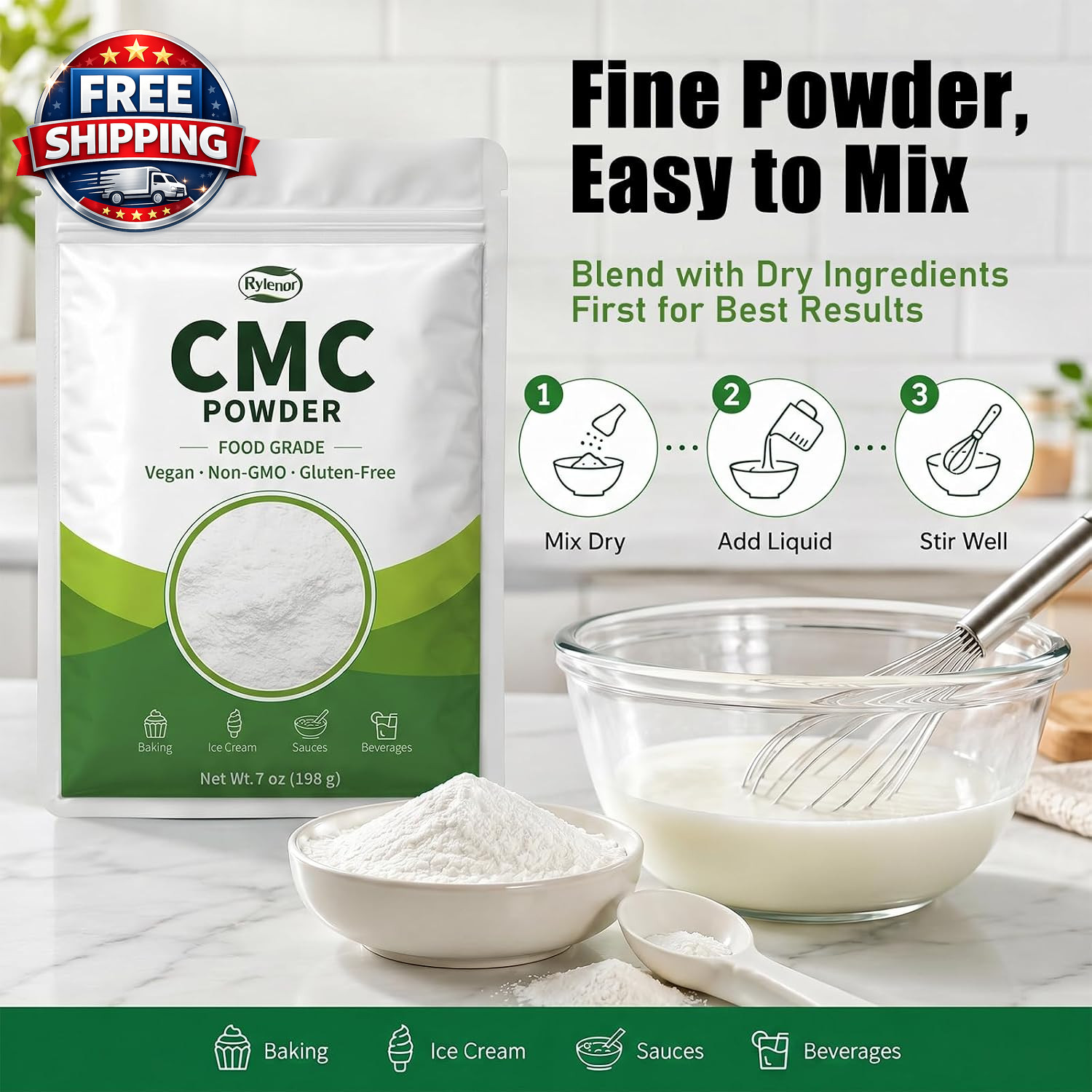 100% Pure CMC Powder CMC Para Helados for Fondant, Ice Cream Stabilizer – 7Oz Ce