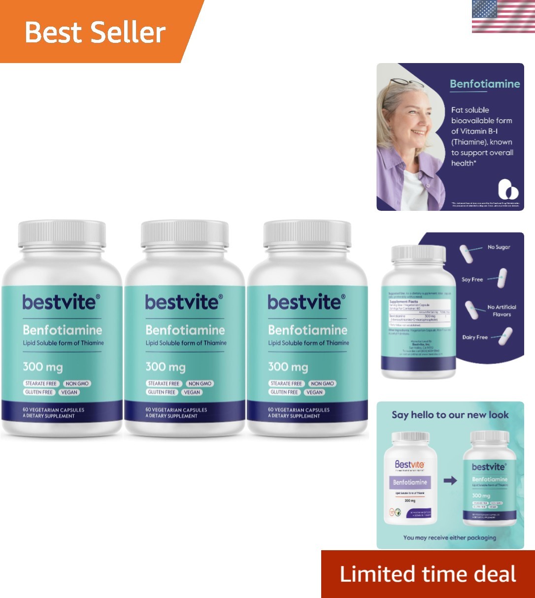 Benfotiamine 300mg 180 Vegetarian Capsules 60×3 No Stearates – No Silicon Dio…