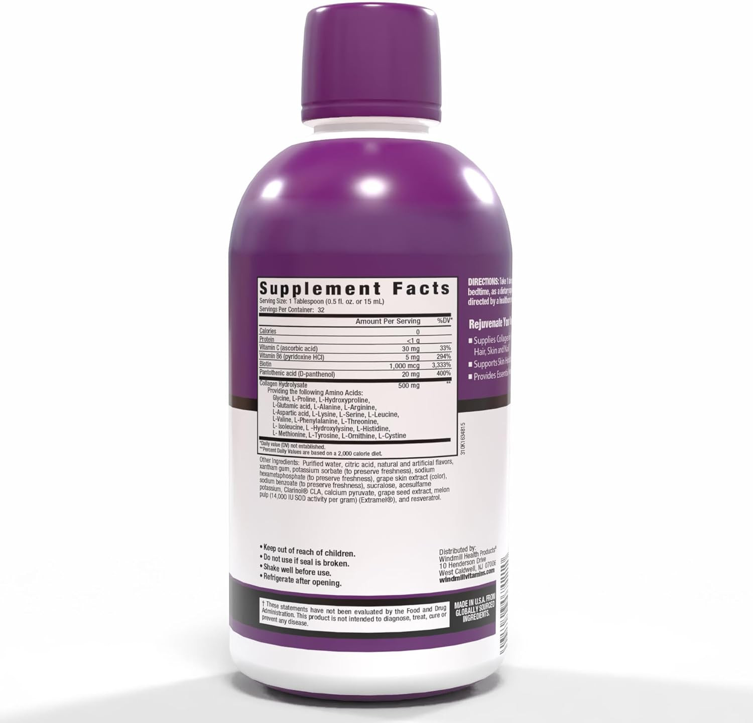 Rejuvicare Liquid Collagen Beauty Formula with Amino Acids, Protein and Biotin,
