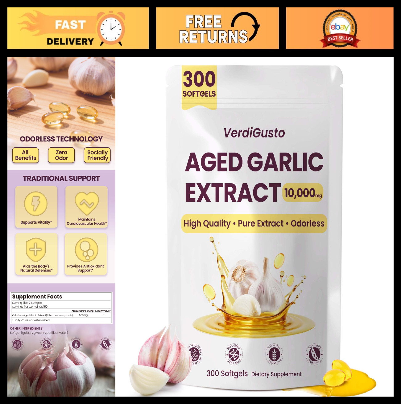 Aged Garlic Extract Softgels 10000mg | 300 Count | High-Potency Antioxidant Supp