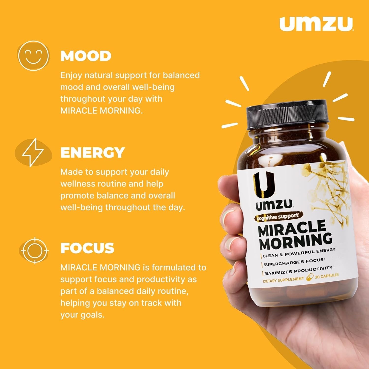 Miracle Morning Natural Energy Focus & Mood Boost | 150mg Caffeine 30 Caps