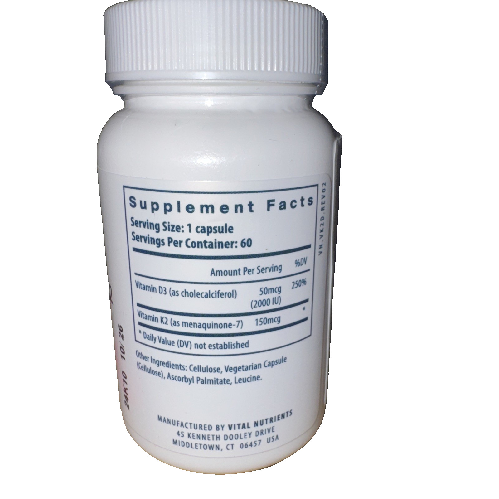 Vital Nutrients Vitamin D3 2000 IU + K2 150 mcg 60 Vegetarian Capsules Ex 10/26