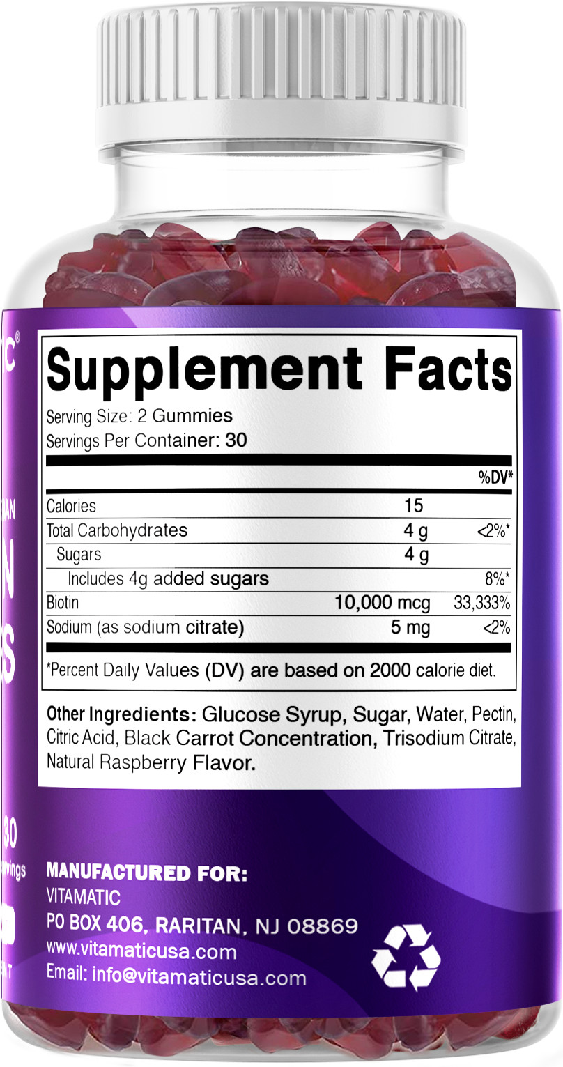 3 Pack Vitamatic Biotin Gummies 10000 mcg for Stronger Hair Skin Nails 60 Vegan