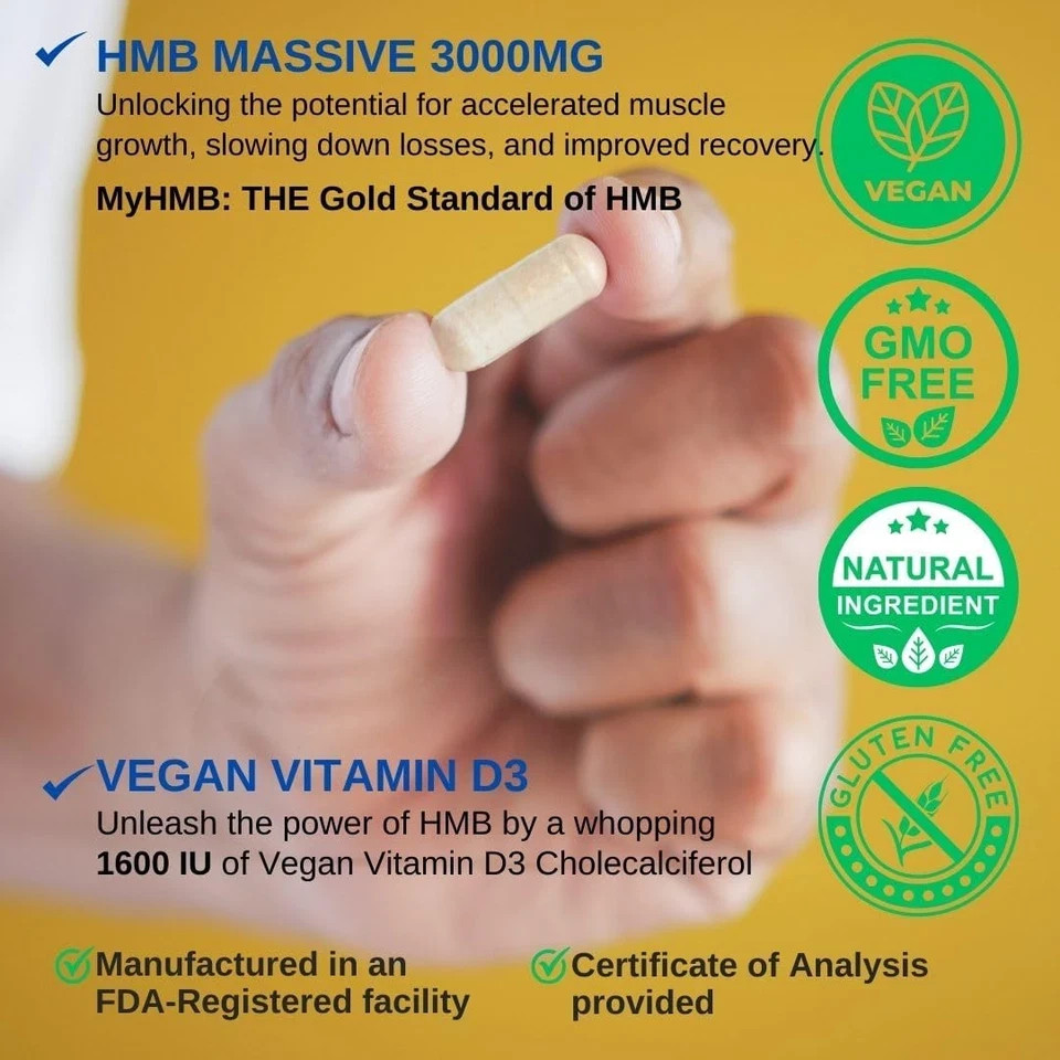HMB 3000Mg and Vitamin D3 Supplement Capsules per Serving *USA Made & Tested* Pr
