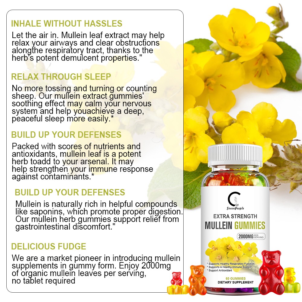 120 Count Mullein Gummies for Lung Cleanse Extra Strength Mullein Leaf Extract