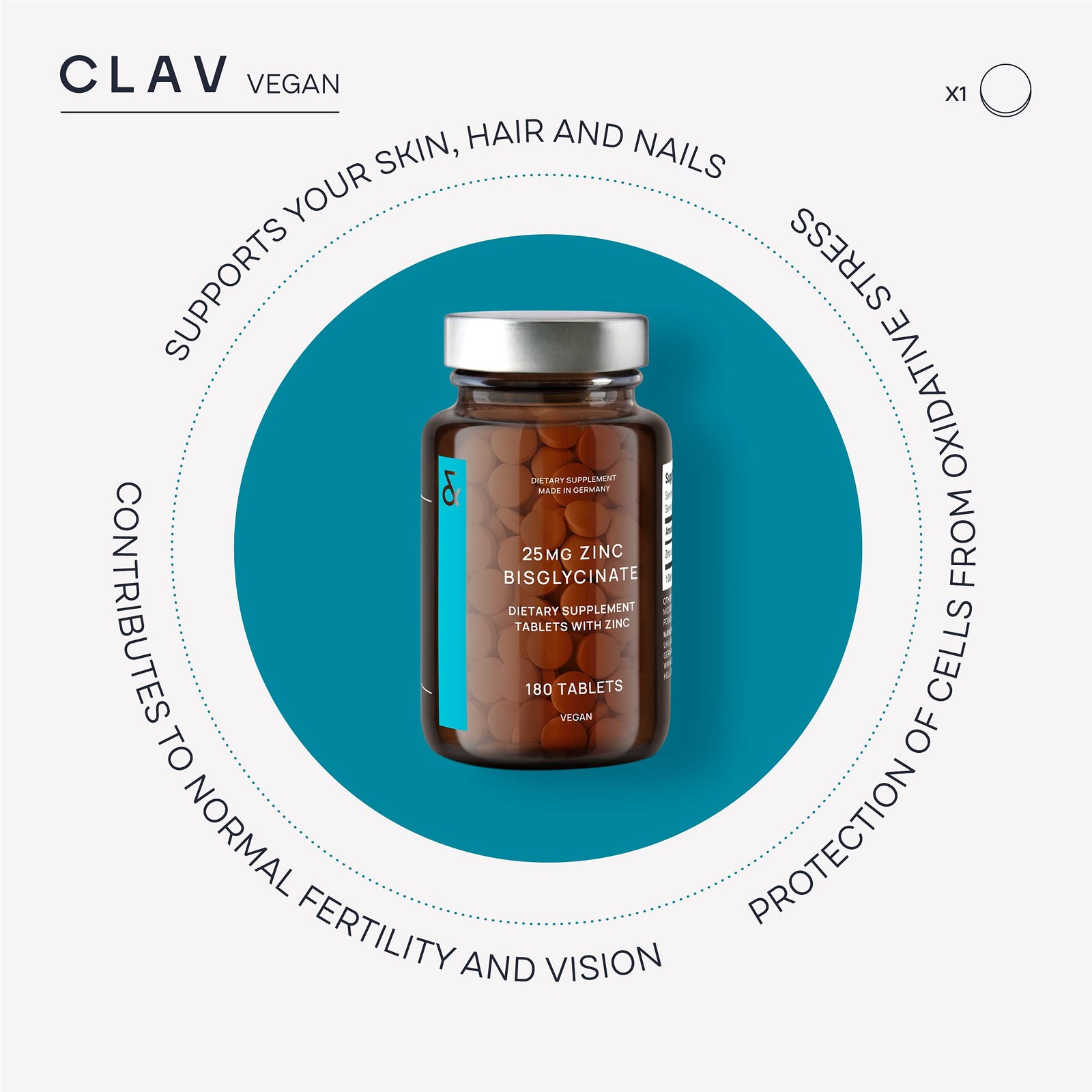 CLAV Zinc 25mg, High Strength, Vegan Certified, 180 Tablets
