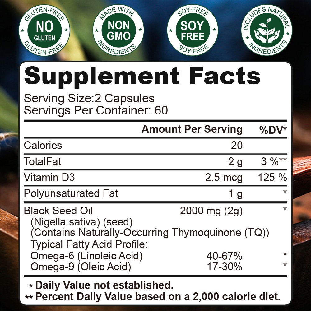 Black Seed Oil 2000mg | 120 Softgel Capsules | Nigella Sativa | Non-GMO, Vegan