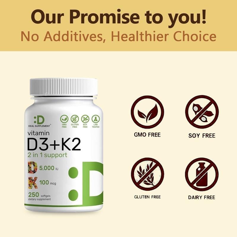 NEW LUXRY Vitamin D3 5000 IU with K2 MK7 250 Veggie Softgels Bone Immune Support