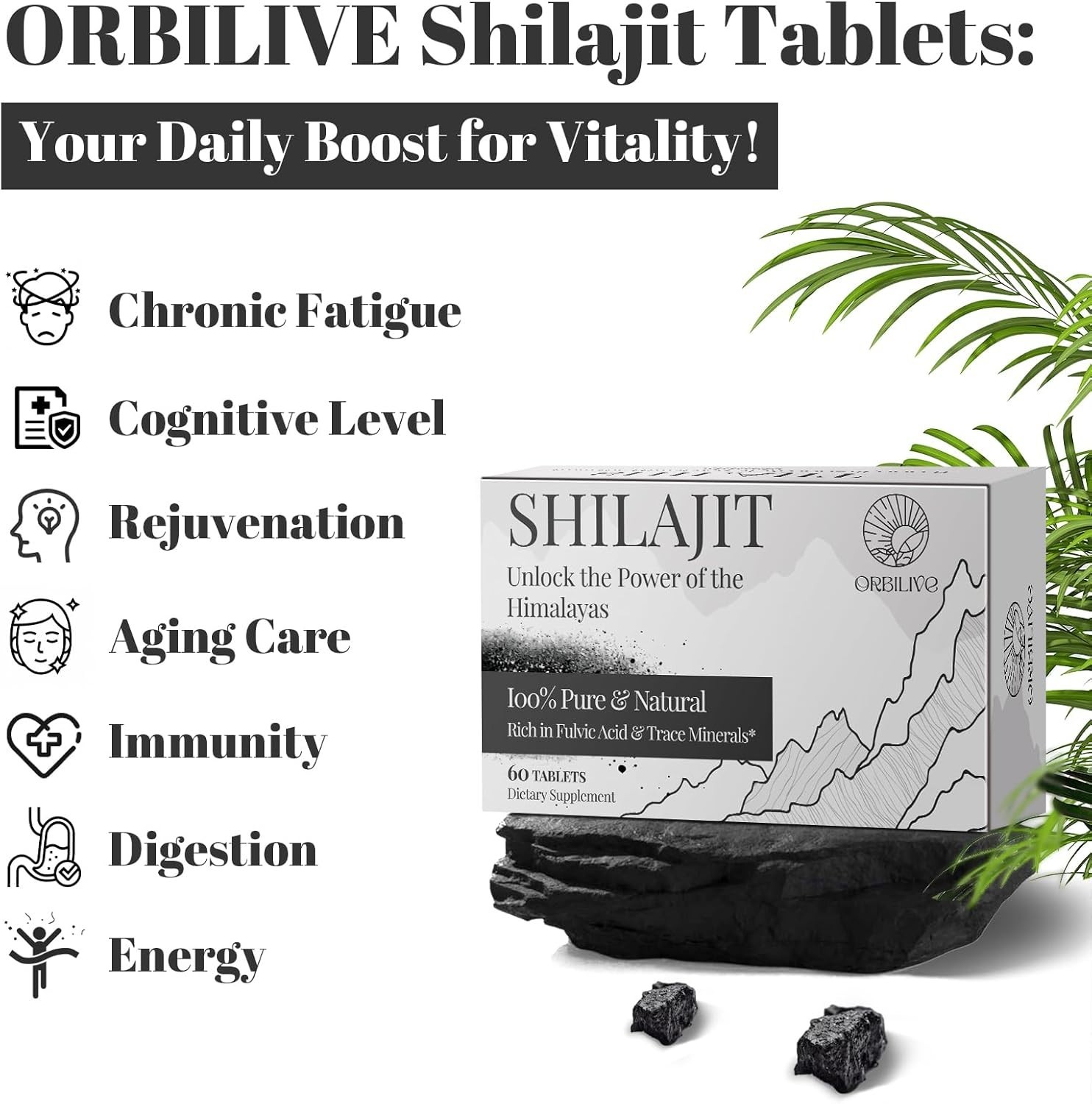 Shilajit 30000MG Pure Himalayan with 85 Trace Minerals 60 Count
