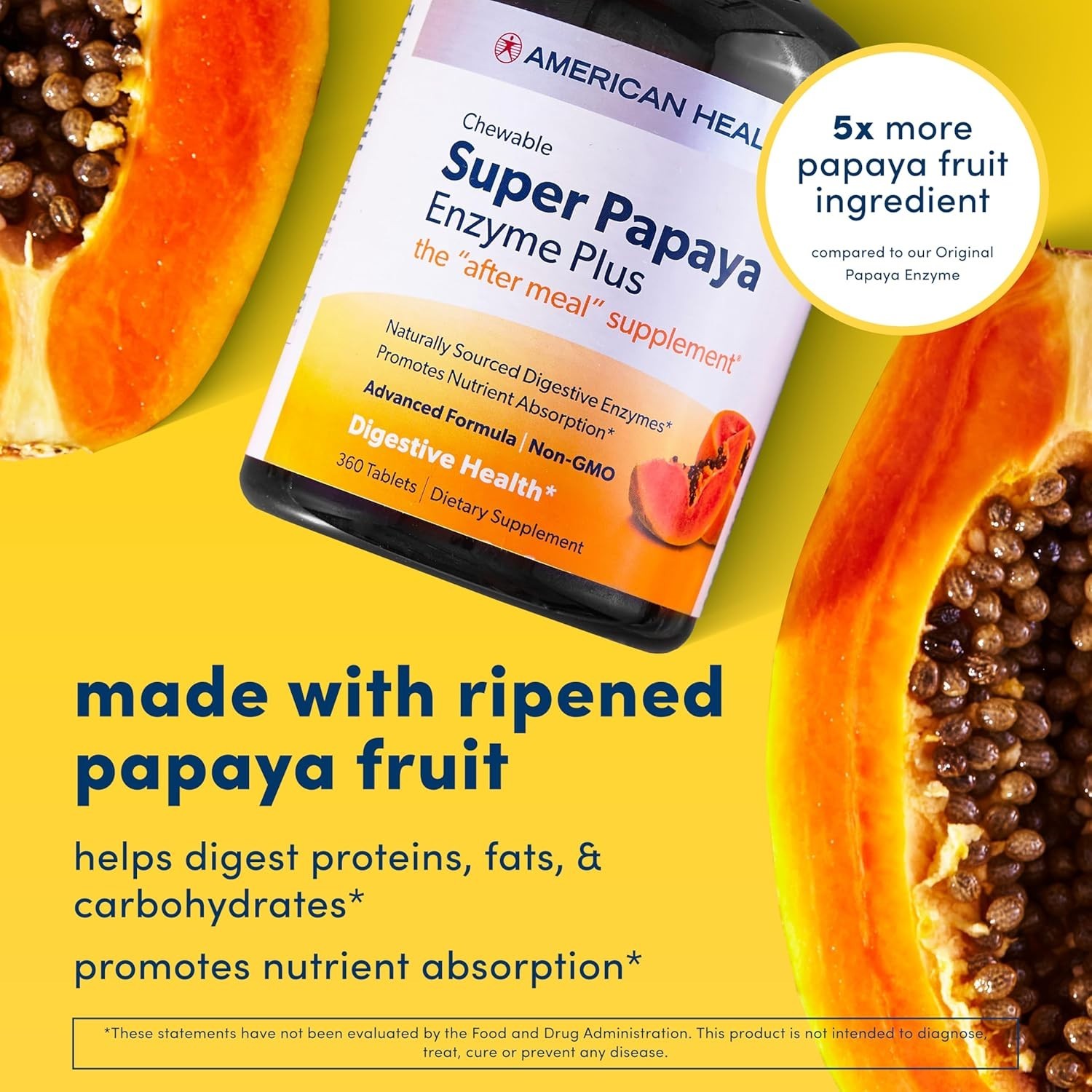 American Health Chewable Super Papaya Enzyme Plus 360 Tabs Each (Pack of 4)