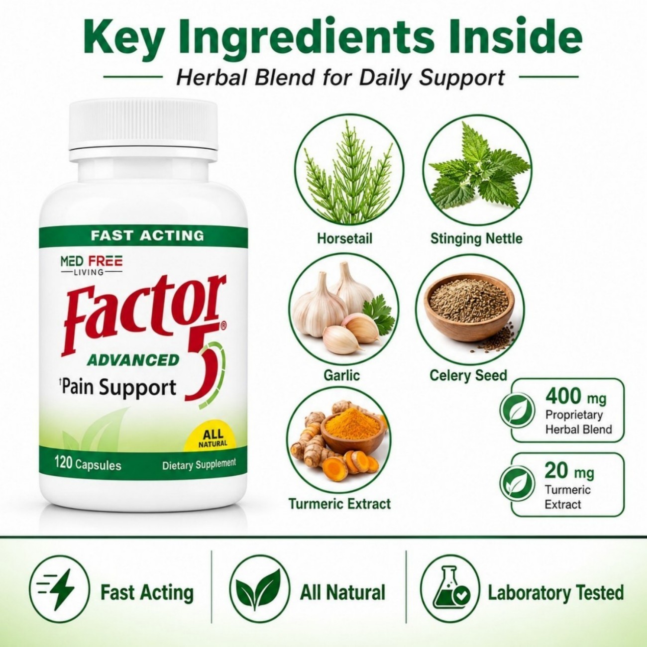 Med Free Living Factor 5 Joint Support Capsules 120 Count, 2 Bottles