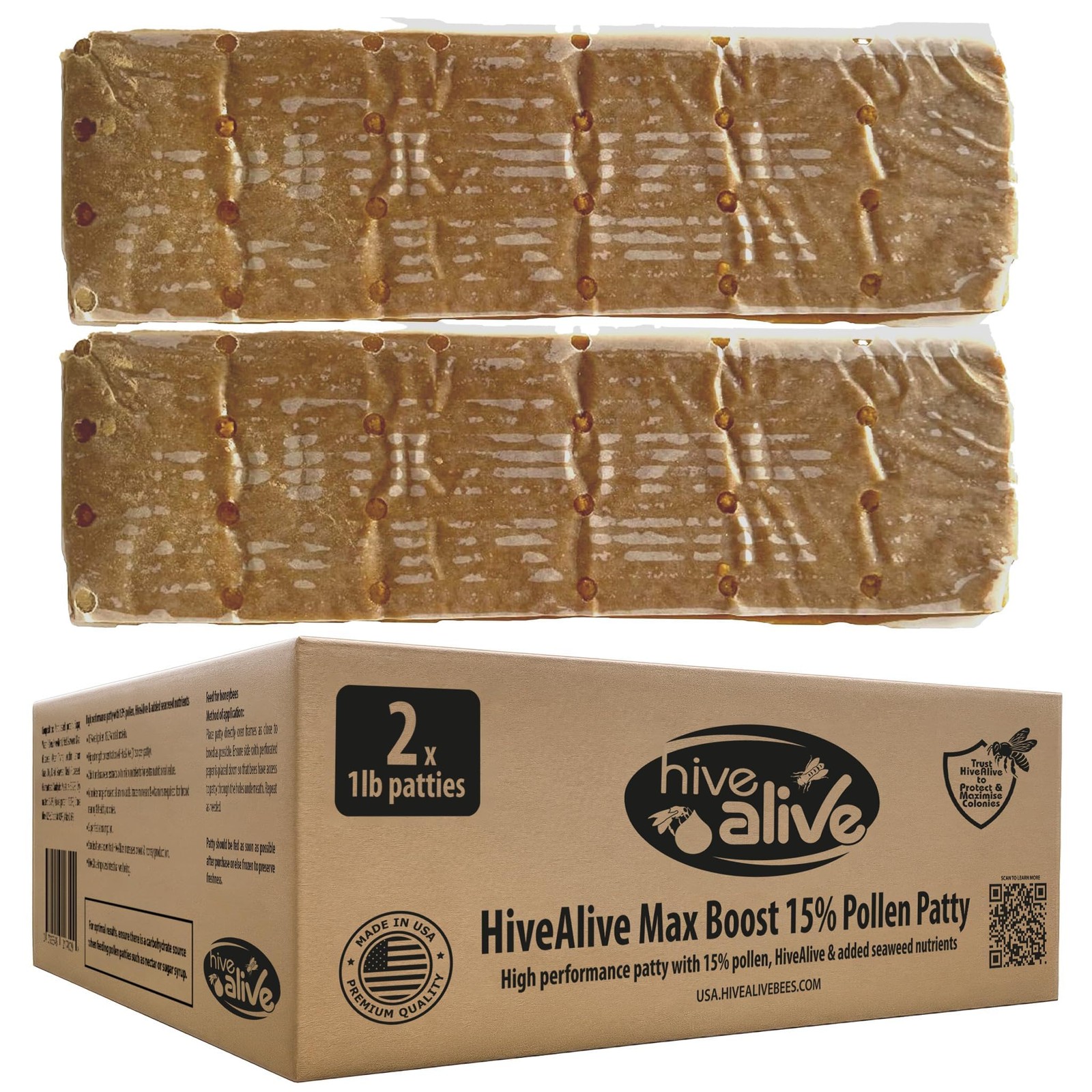 Pollen Patties for Honey Bees 2lb (2x1lb) Bee Food with 15% Real USA Pollen Full