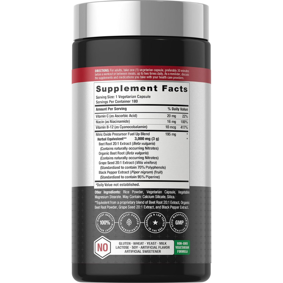 Nitric Oxide Beet Root Capsules | With Nitrates | 180 Count | by Horbaach