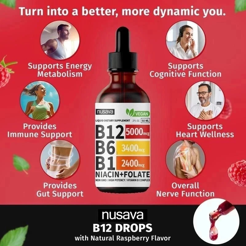 (2-Pack) Nusava B12 Drops 5000mcg – Vegan Liquid Supplement – Raspberry..