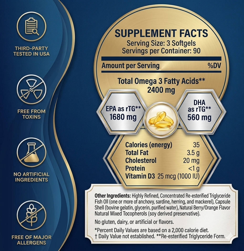 PRN De3 Omega Benefits 2400mg Omega-3 Fish Oil 1680mg EPA560mg DHA rTG Vit D3 US