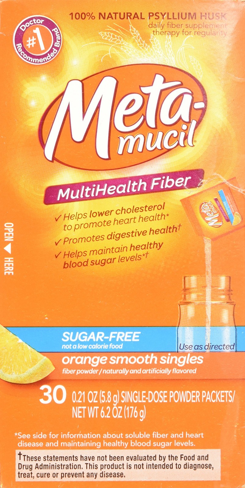 Metamucil Fiber Singles Smooth Texture Sugar Free Orange 30 Packets