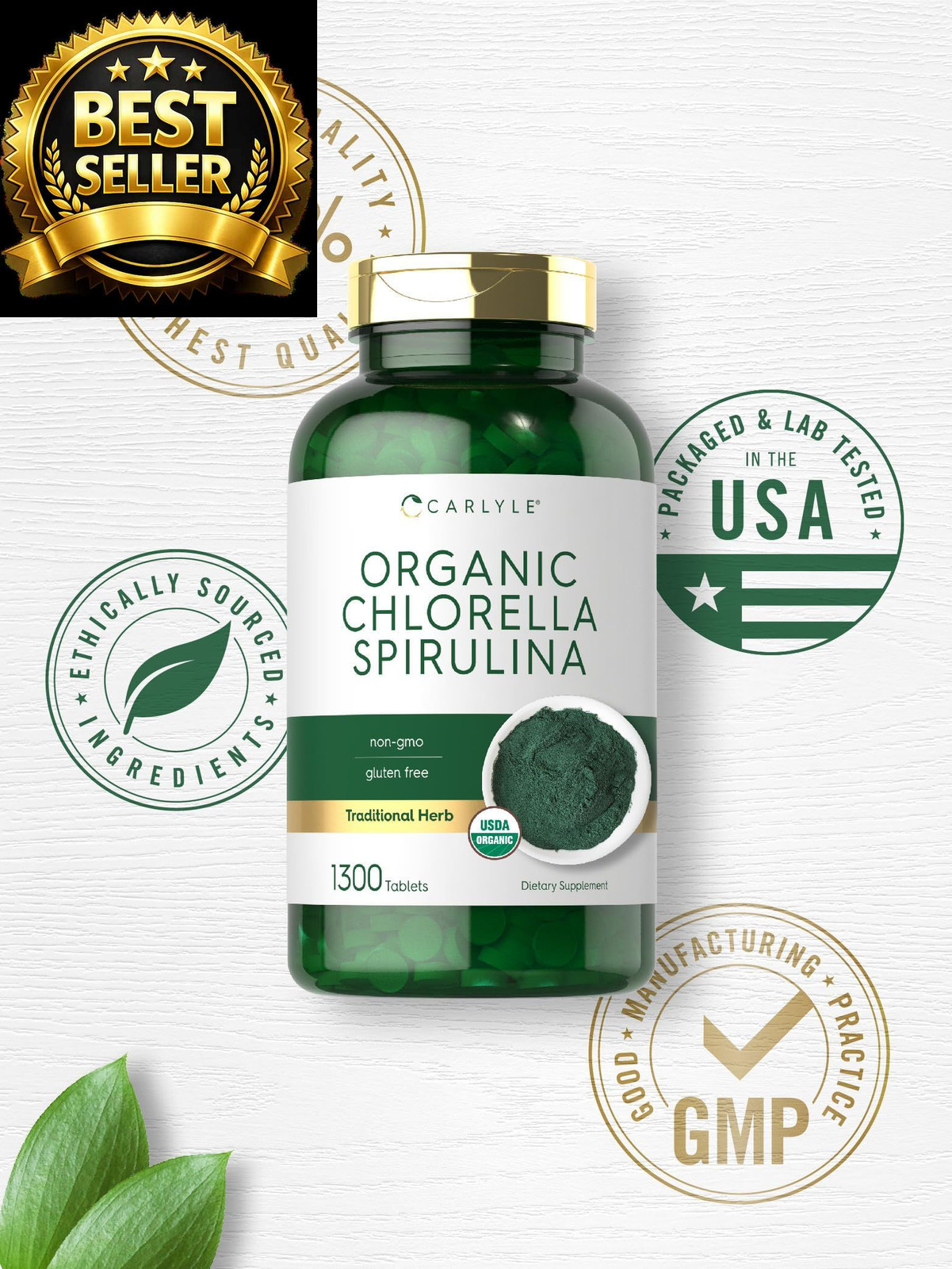 Carlyle Organic Chlorella Spirulina Tablets | 1300 1300 Count (Pack of 1)