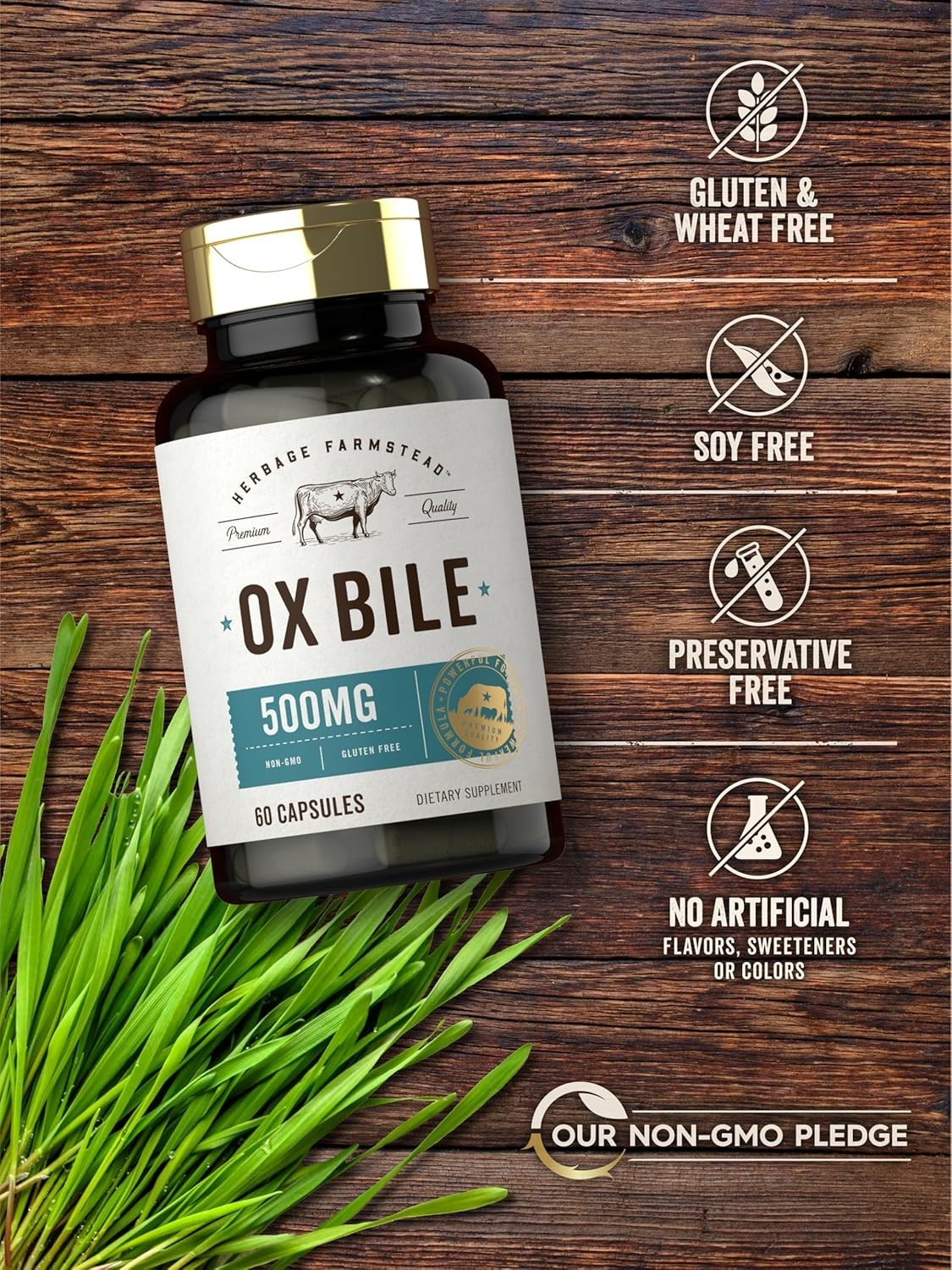 Ox Bile Supplement 500Mg 60 Capsules Digestive Enzyme Non-Gmo & Gluten Free
