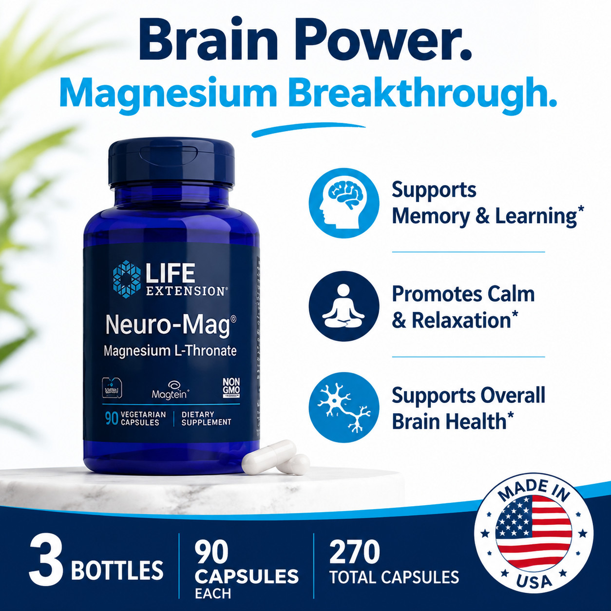 3 PACK Neuro-Mag Magnesium L-Threonate from 2000 mg Magtein – Life Extension US