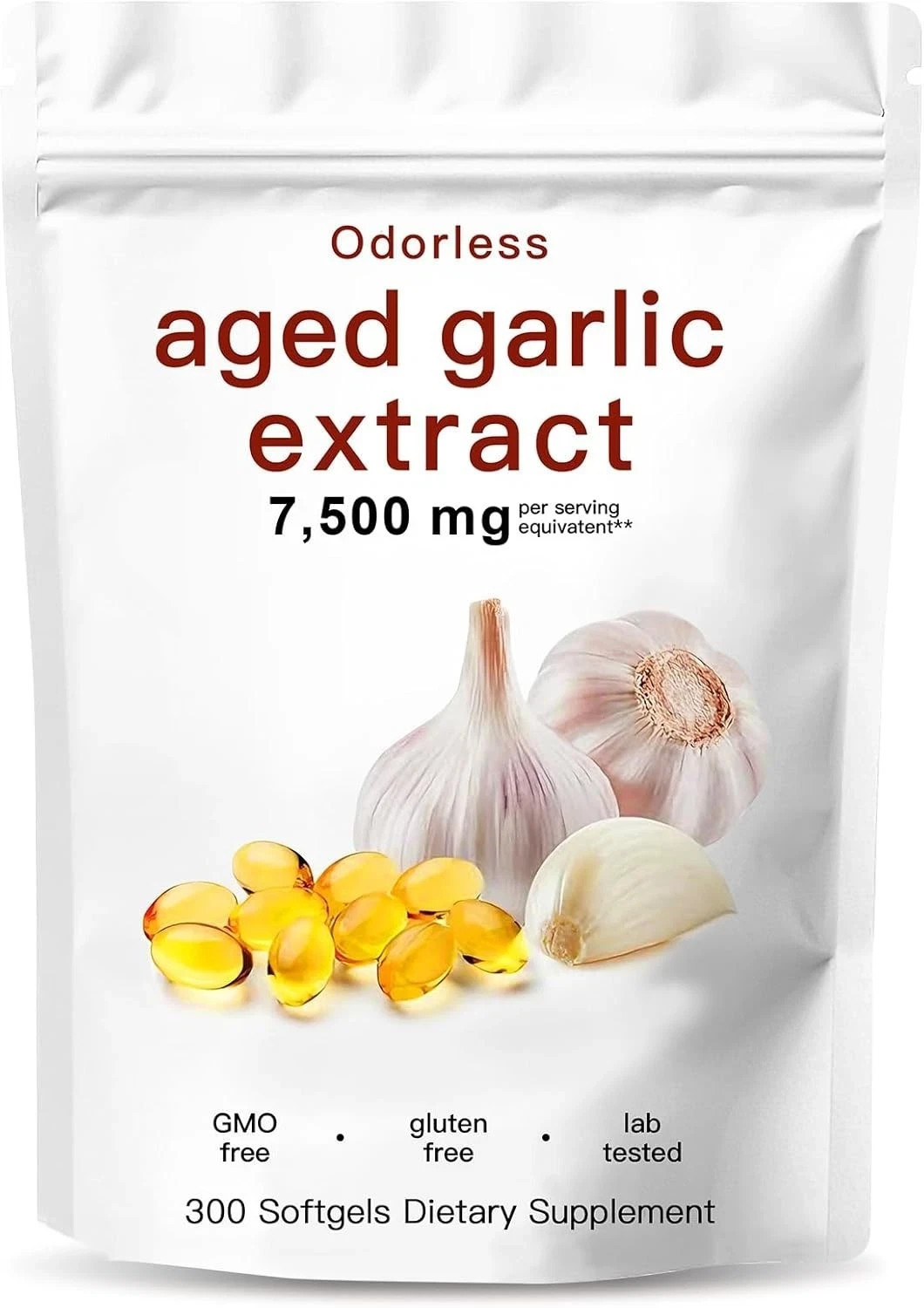 Odorless Garlic 7500mg Per Servings, 300 Softgels | 2 Years Aged Garlic Extra…
