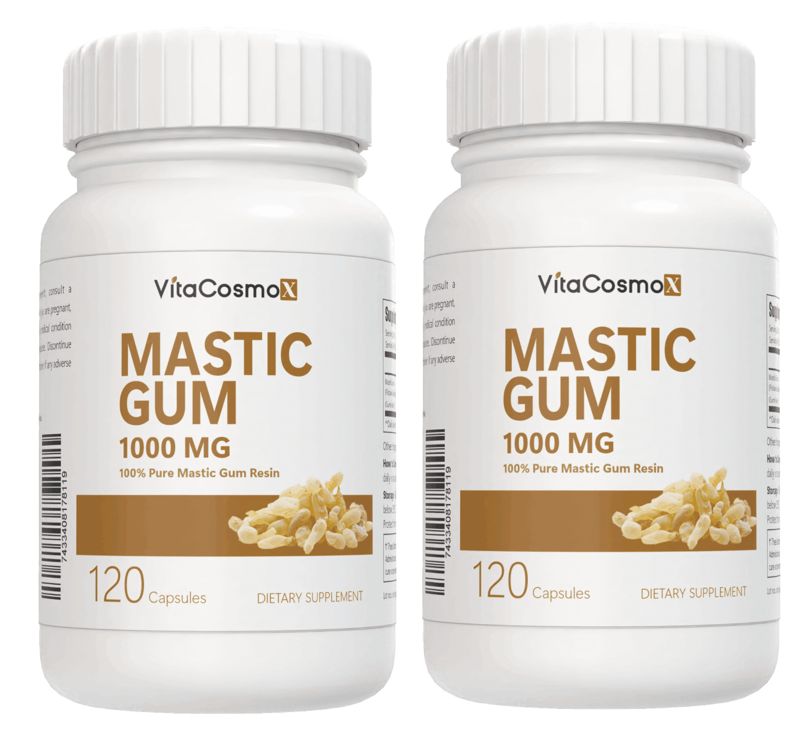 2 Pack VitaCosmoX Mastic Gum 1000mg per Serving Support Digestive Func 240 caps
