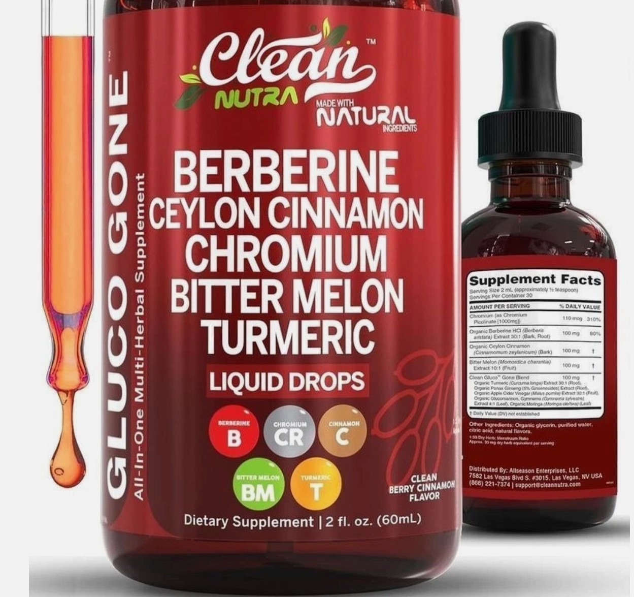 3 Bottles Clean Nutra Berberine with Ceylon Cinnamon Supplement Liquid Drops NEW