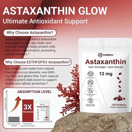 Astaxanthin 12mg 120 Softgels, 4 Month Supply,Triple Strength,Non-GMO,Eye Health
