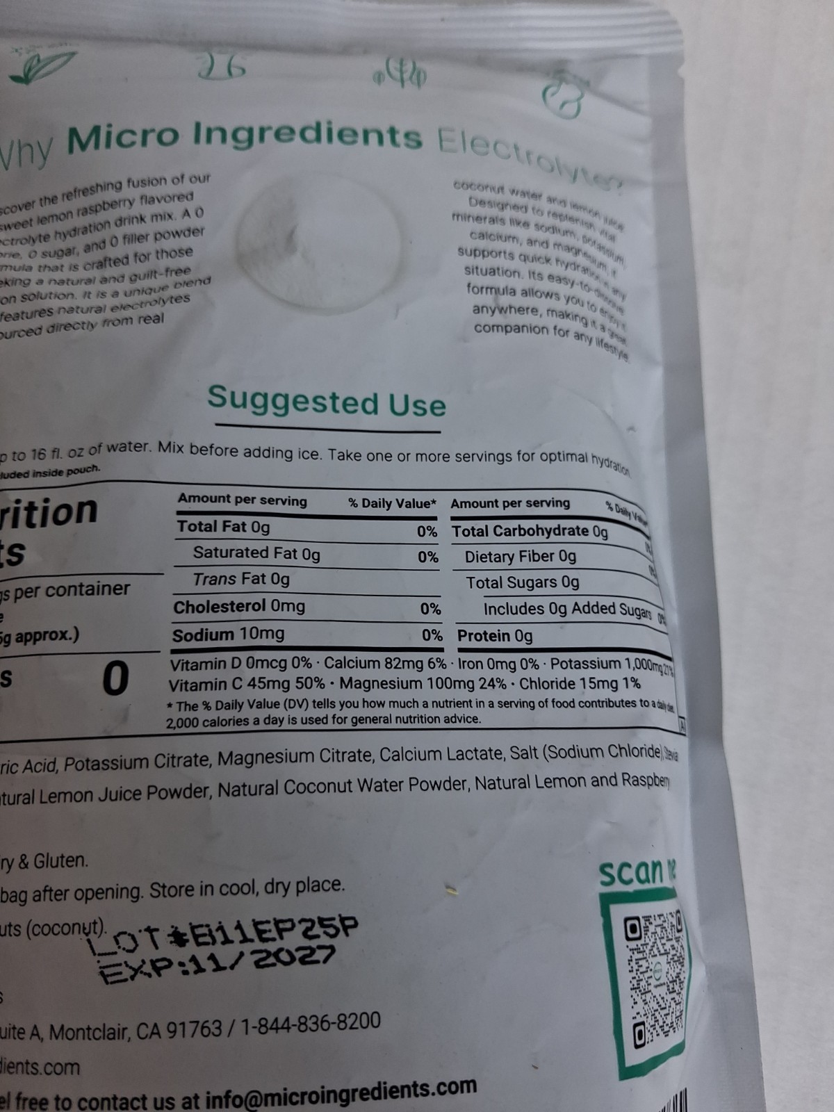 Micro Ingredients Hydration Electrolyte Powder, 1 lb (16 oz) Bag.