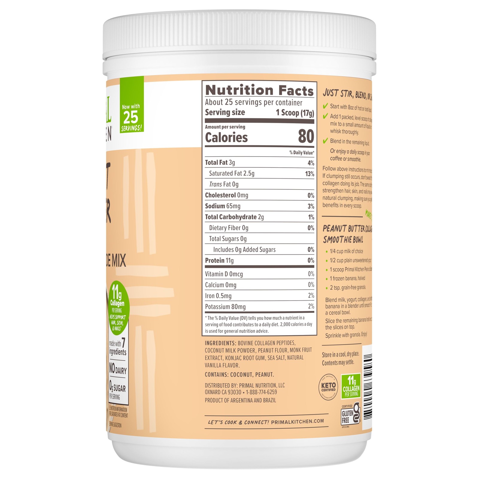 Primal Kitchen Peanut Butter Flavor Collagen Fuel® Drink Mix Collagen Peptide…